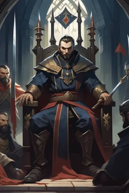 Strahd Von Zarovich holding a broadsword looking ominously down from his throne at four adventurers