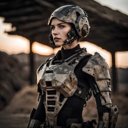 beautiful caucasian female soldier cyborg, black metal body and limbs, visible cybernetic limbs, scratched sand camo metal details, short brunette wavy bob haircut, dystopian, desert scene