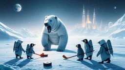 Charlie Chaplin as unstable polar growlar bear on the planet of Ceres, with some penguins with rocket backpacks smacking large pucks so we can see its trail, and playing hockey on frozen lake with astronauts, in front of ice megapolis