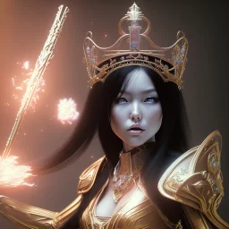 hitomi tanaka, long black hair, full body, Unreal Engine 5, highly detailed, highest quality, digital painting, complex 3d render, unreal engine render, insane detail, intricate photograph quality, magnificent, majestic, highly intricate, Realistic photography, grand hall, wicked throne, holding scepter, crown of barbwire, dark color palette, metallic, highly detailed, highest quality, digital painting