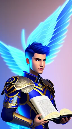 a human male with blue short hair and blue wings in assymetrical armor with geometric patterns and a book in hand, geometric wings