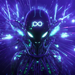 3D infinity symbol ∞ on alien's forehead, infinity figure-of-eight symbol is totally-symmetrical and glowing, exotic, neon, alien, inspiring, fantasy, scientific, friendly, beautiful, octane render, 8k post-production, artstation: award-winning: atmospheric: commanding: fantastical: clarity: 16k: ultra quality: striking: brilliance: liquid medium: stunning colors: amazing depth; lens: f/8, 28mm