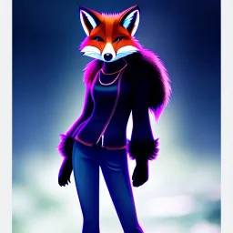 a fox fursona, darker colors, master quality, backlighting, soft lights, full body portrait, in frame, 8k, perfectly drawn face, well drawn, realistic, humanoid, furry, cyberpunk, digitigrade legs, fur, female