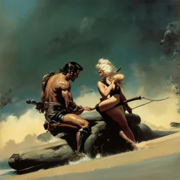 Frazetta man and a beautifull woman