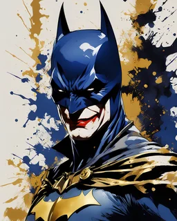 poster in two gradually, a one side Batman darkblue and other side Joker gold tones, painting by Yoji Shinkawa,