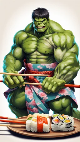 a hulk eating sushi with chopsticks, wearing a colorful kimono, 8