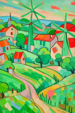 A light mint color village filled with windmills painted by Alexej von Jawlensky