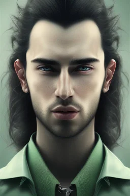 4K Ultra-HD -- a man, long black hair, extreme slanted eyebrows, green eyes, thick lips, square jaw, dent in chin, goatee, full body image --4k Ultra-HD--Hyper realistic--Cinema lighting