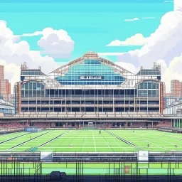 A bright pixel art cyberpunk-style illustration of the fulham stadium the cottagers west london white
