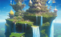 floating islands with waterfalls connecting each other whimsical surrealism, based on child's drawing, lsd trip, dream recording, deep - space imaging fantastical setting isometric view octane render, art by salvador dali, greg rutkowski studio ghibli