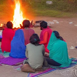 mystical indian woman in sari teaching her group of disciple in adoration in himalaya, around a fire at sunrise