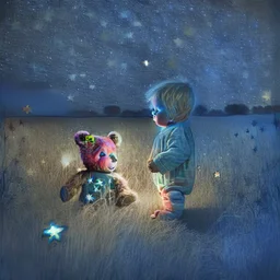 toddler in pyjamas with teddy bear in a field at night with lots of stars, looking at an apparition in the sky