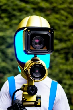 Metallic Cyber-punk style camera-mask and headphones. Large fencing mask covers cheeks. Trim man. Reflective plastic body surface, golden skin, full-coverage. Head full of integrated old-fashioned cameras and old telephones. Golden to cyan surfaces body. Perfect body, thick thighs and calves. Selfie, Selfies, mirror. Camera lenses cover the body. Mathematical equations, Euclidean 3D-tiling, Escher tiling. Soviet propaganda in 1990's. Cables in head. Daft Punk. Matrix. Hoodie, beanie.