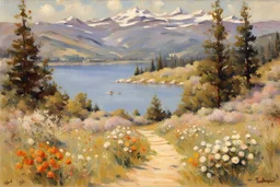 Mountains, lake, flowers, pathway, pine trees, sunny day, theodore robinson impressionism painting