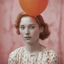 A woman , freckles, with a balloon at the circus, 1960s, red, orange, pink, golden