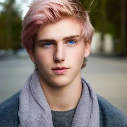 A handsome, white-skinned young man in his twenties with golden-blonde hair and pink eyes