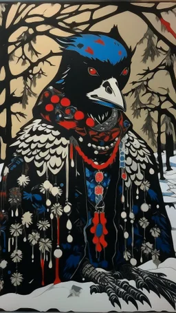 A contemporary serigraphy portrait by Matisse and Kunisada of a crow adorned in a punk leather jacket within a snowy Christmas atmosphere.