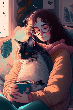 cozy vibes art girl with cat