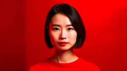 Portrait of a japanese woman isolated on red background with copyspace for text