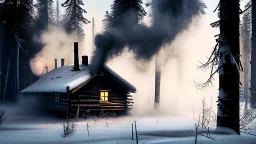 cabin in forest in winter smoke from chimney