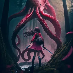 giant octopus, girl with katana, in the forest, cliff enchanted, magic meteor falling behind, darkred tones, 8k, macro photography,