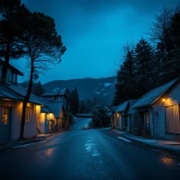 A night photography depicting a street going up to a moutain, with odd houses, horror movie shot, terrifying trees