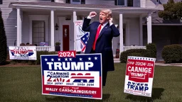 manly woman screaming on phone with trump 2024 campaign signs all over lawn