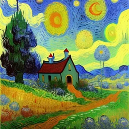 Dibujo al oleo de una pradera con una casa y un caballo con muchas nubes de colores estilo Vincent van Gogh