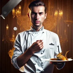 up close portrait of handsome man with smoking and golden watch, behind him another chef in front dark wooden wall, fish in chandelier, shiny fork and knifes on dinner table with cloth, fantasy art book cover