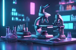 futuristic microscope and other laboratory gadgets on a bench , 16k, 3d rendering, expressively detailed, futuristic, cyberpunk, dynamic light, neon lighting,