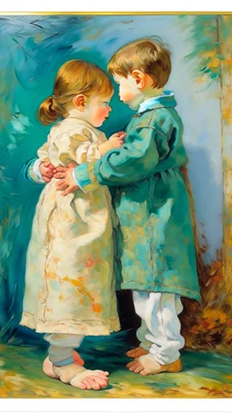 Side profile of a baby girl with her aspirations behind her standing . Holding her brother hugging with love and romance,Opulent Van Gohn style painting,