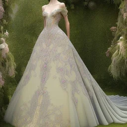 stunning couture gown designed by Marchesa inspired by fairytales, realistic, detailed, high quality, intricate, dreamlike background, soft pastel colors