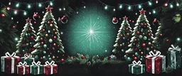 A christmas banner, symetrical, christmas trees with ornaments, light in the center, presents in front of the trees, lights on the top of the image. Realistic, dark and moody. Dark geen tones, red highlights. very dark illustrations, inky illustration style. not happy, but moody christmas. Details like pine tree, no weird shape packages.