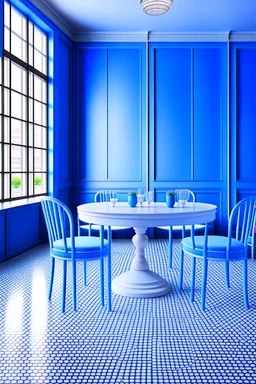 3D-shot A large, oval-shaped table in a restaurant, the color of the table is blue and white, the color of the walls is blue, and the floor color is white