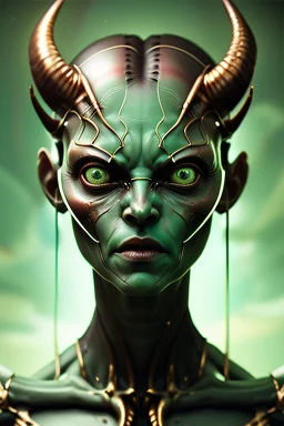 Alien Satan, delicate, large green square eyes, intricate gold markings on face, cyberpunk, powerful, horror, sharp focus, octane render, post-processing, epic composition, elegant, studio lighting, fiona staples, mandy jurgens, david finch, guillermo del toro