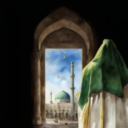 Big person zoom in like the Prophet Muhammad see the jamkaran mosque in Iran has more blue green color and gold for pattern islamic in the dome . one big domes with beautiful lighting . white Daffodil flower in the floor , clouds with small birds in sky with crescent moon of ramdan . painting watercolor ,simple and islamic style , Painting watercolor