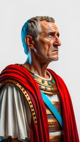 a Highly detailed portrait of Julius Caesar, standing in full sized, a plain white background , rtx, unreal engine 5, bright colors, Rome, SPQR, Roman, epic scale