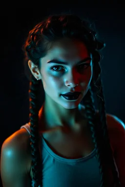 A 20-year-old female human, curled long braids, black lipstick, wearing a tank top, sci-fi Star Wars ambience. She has a side mischievous smile. Soft lighting. Black background