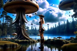 A skinny woman with a Cleopatra hairstyle, short skirt, and knee-high boots, looking out over a lake, in an alien forest, with tall cloud trees, flying mushrooms with octopus tentacles