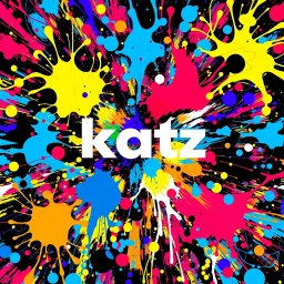 A vibrant and colorful artistic representation of an logo. The logo is only a word: KATZ. The Katz logo is white and central focus. Surrounding the KATZ are abstract patterns and shapes in a myriad of colors, including all colors, especially blues, reds and yellows. Some of these patterns resemble fluid or paint splatters, while others have a more structured, almost psychedelic appearance. The overall feel of the image is dynamic, energetic, and evocative of intense emotion or creativity.