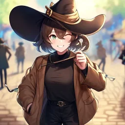 Clear focus, High resolution, short brown spiky hair, hair between eyes, eyes closed, wearing a brown detective hat, wearing a brown jacket and a black shirt, wearing black shorts, 1girl, pulling hat down, smiling