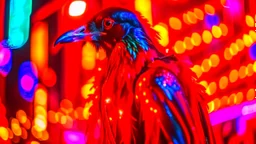 Capture a striking image of a crow dressed in a motorcycle leather coat amidst the vibrant glow of red and yellow Christmas lights. Embrace a photography style that seamlessly merges punk aesthetics with the festive ambiance. Ensure the composition reflects the edgy yet holiday-inspired fusion, creating a visually captivating scene that highlights the crow's unique attire against the backdrop of vivid Christmas lights.