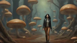 woman with black hair, in light brown leather trousers and jacket, walking through a forest of Alien mushrooms with jellyfish tentacles, photorealistic, Deep Colour, Intricate Detail, Dune