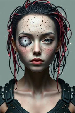 Face Shape: Glitched and polygonal—flickers between perfect symmetry and broken geometry. • Skin: Covered in pixel-like holes and corrupted data patches that flash white noise. • Eyes: One large eye that flickers like a corrupted camera lens. Bleeds binary code. • Hair: Flickering cables that spark when touched, or dissolve into numbers. • Outfit: Broken digital armor, like an unfinished VR avatar—parts are missing or out of sync.