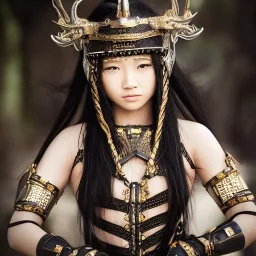 beautiful young asian queen with black leather studded armor, delicate black braided hair, glass eyes, highly detailed, 8k, ambient light