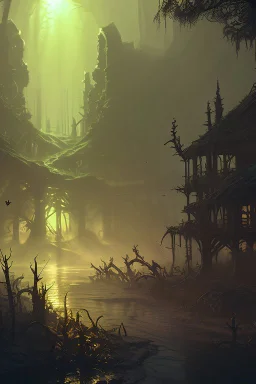 dynamic lighting, Intricately detailed, Splash screen art, deep color, Unreal Engine, volumetric lighting, dark fantasy artwork, dark swamp artwork, fantasy swamp artwork, cottage, night,