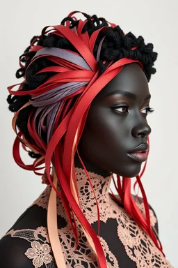 a black woman created from a very detailed light peach colored lace, her hair created from layers of thin strips of red , dark pink, dusty blue and lavender leather , light tan silk ribbons, extremely detailed and highly textured, black background,