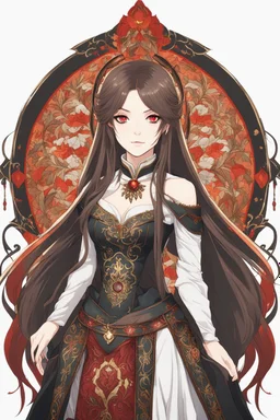 A confident looking young woman with pale skin and long brown hair in a fantasy setting with intricate details. She is wearing black and red, has red eyes, She is a fire mage. Anime style. High definition