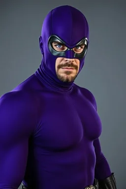 full-length, A portrait of a the Phantom, a man with piercing blue eyes, a chiseled jaw, goatee, timeless face, stern expression, Wearing a skintight formfitting purple cotton hero suit with a skintight cowl with a widows peak that fits tight to his head, but does not cover his face or his forehead , he wears a thin, black leather, bandit eye disguise over his eyes, black and blue diagonally striped trunks, dual-holstered pistol belt adorned with a triangle skull-shaped buckle, leg straps, boot