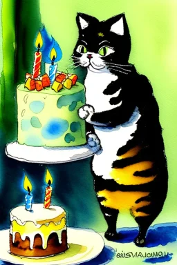 A cute cat is having a birthday cake. Watercolour